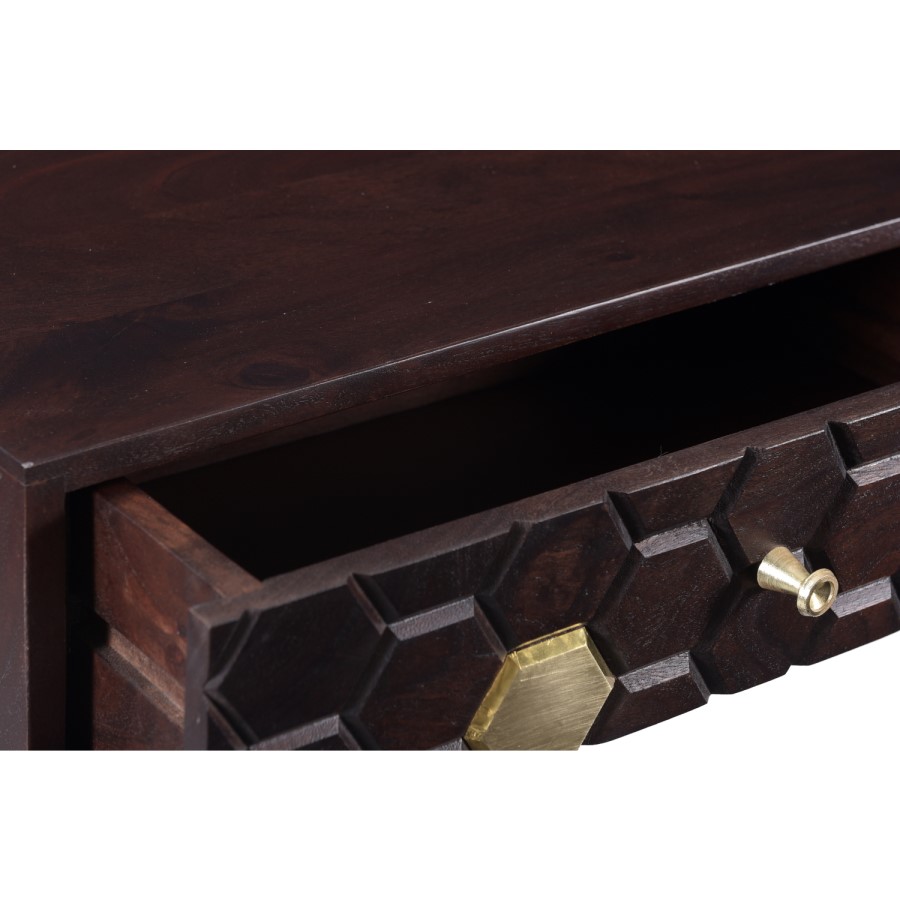 Narrow Console Table in Dark Wood & Gold with Drawers - Mari