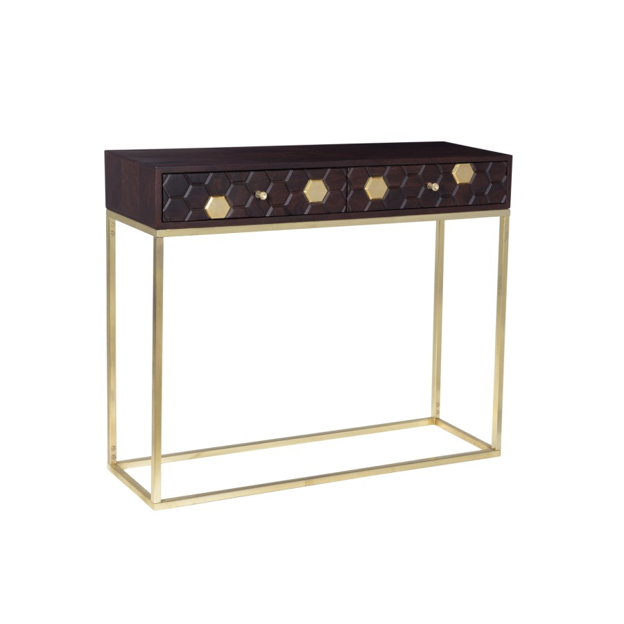 Narrow Console Table in Dark Wood & Gold with Drawers - Mari