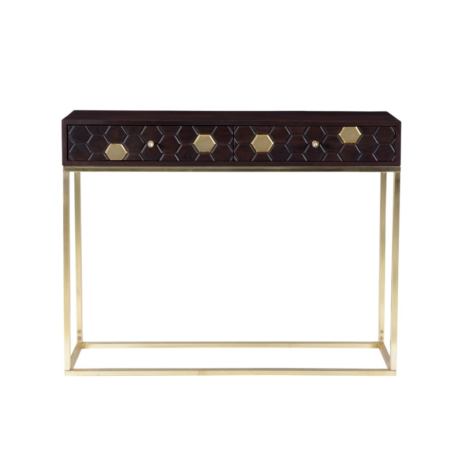 Narrow Console Table in Dark Wood & Gold with Drawers - Mari