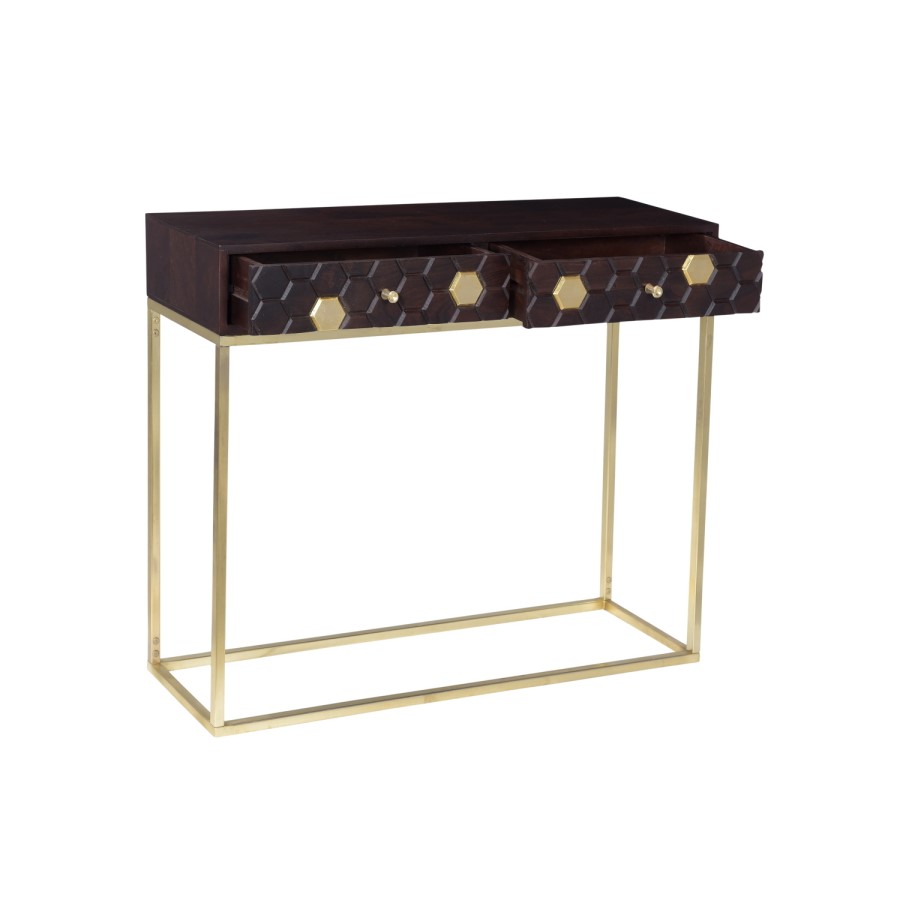 Narrow Console Table in Dark Wood & Gold with Drawers - Mari
