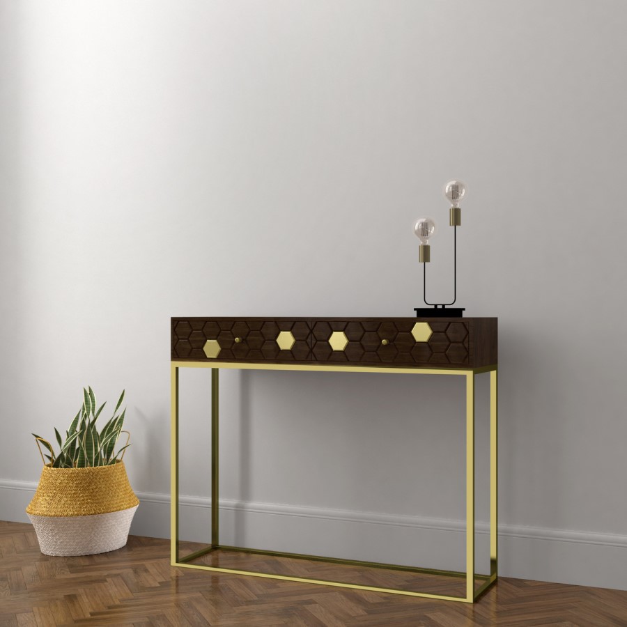 Narrow Console Table in Dark Wood & Gold with Drawers - Mari