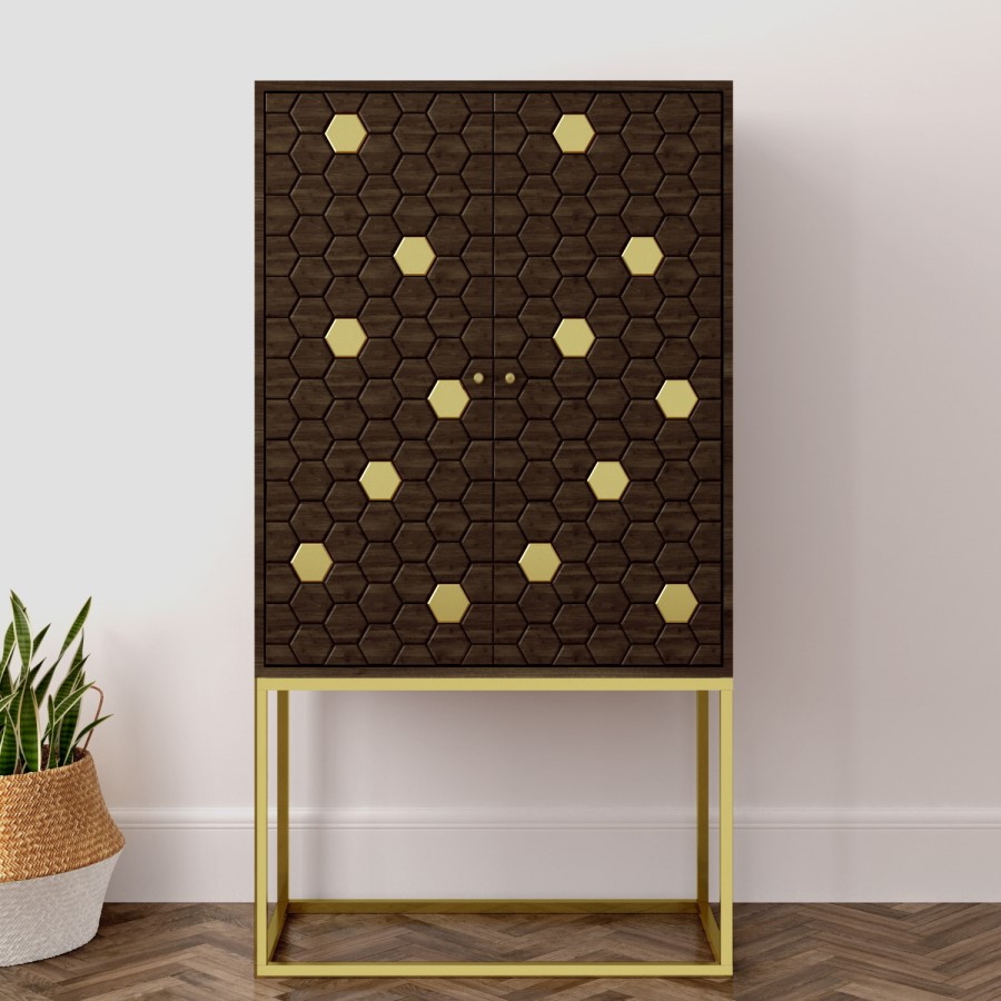 Drinks Cabinet in Gold & Dark Wood - Mari