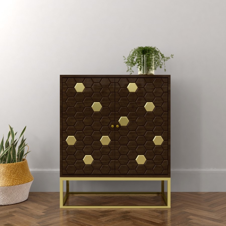 GRADE A2 - Small Sideboard in Dark Wood & Gold - Mari