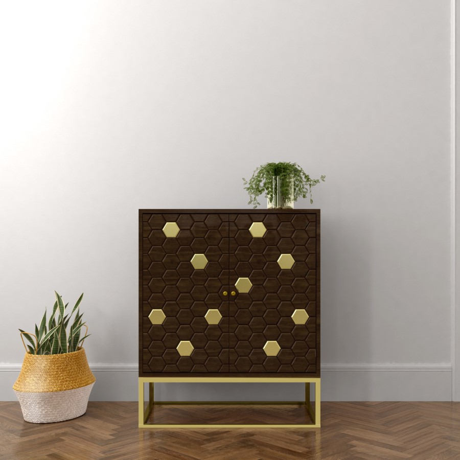 GRADE A2 - Small Sideboard in Dark Wood & Gold - Mari
