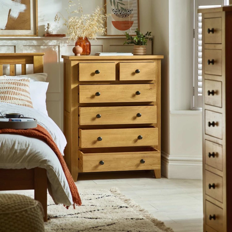 Tall Solid Oak Chest of 6 Drawers  - Marlborough - Julian Bowen 
