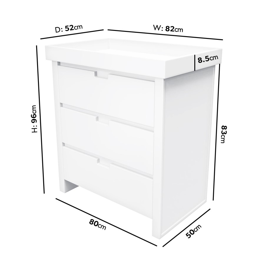 White Pine Wood Changing Unit with 3 Handleless Drawers - Mason