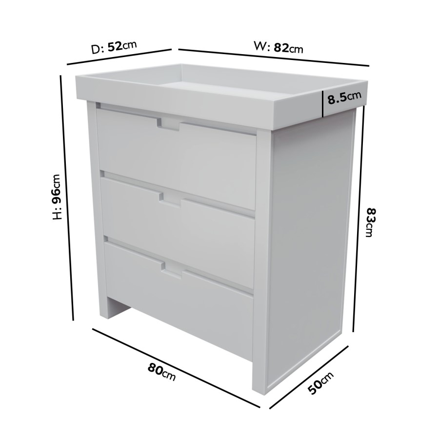 Light Grey Pine Wood Changing Unit with 3 Drawers - Mason