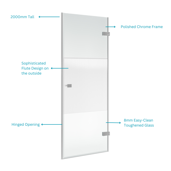 800mm Fluted Glass Hinged Shower Door 8mm Left Hand - Matira