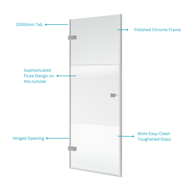 800mm Fluted Glass Hinged Shower Door 8mm Right Hand - Matira