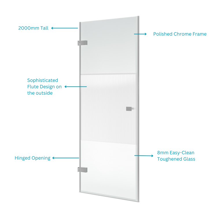 800mm Fluted Glass Right Hand Hinged Shower Door 8mm Glass - Matira