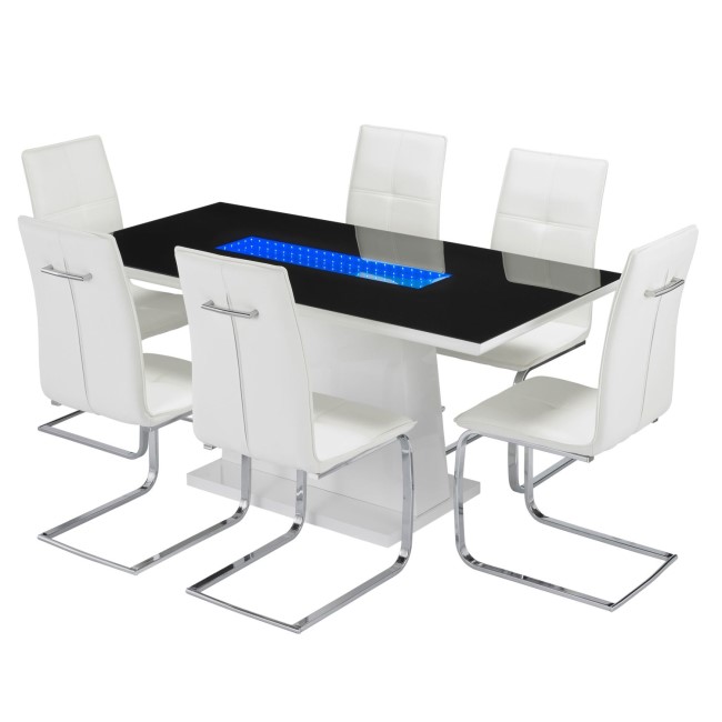 LPD Matrix White Dining Table Set with 6 White Faux Leather Chairs 