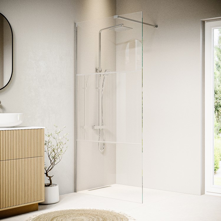 Fluted Glass 1000mm Wet Room Shower Screen with Wall Support Bar - Matira