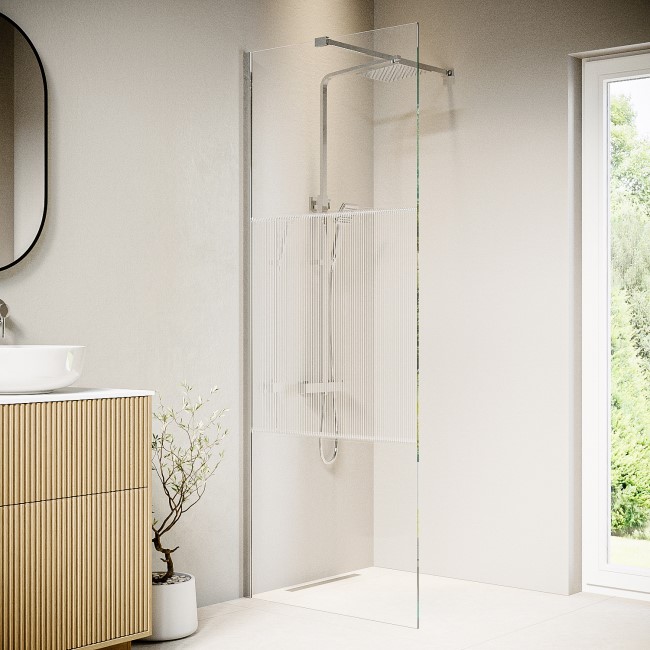 Fluted Glass 800mm Wet Room Shower Screen with Wall Support Bar - Matira