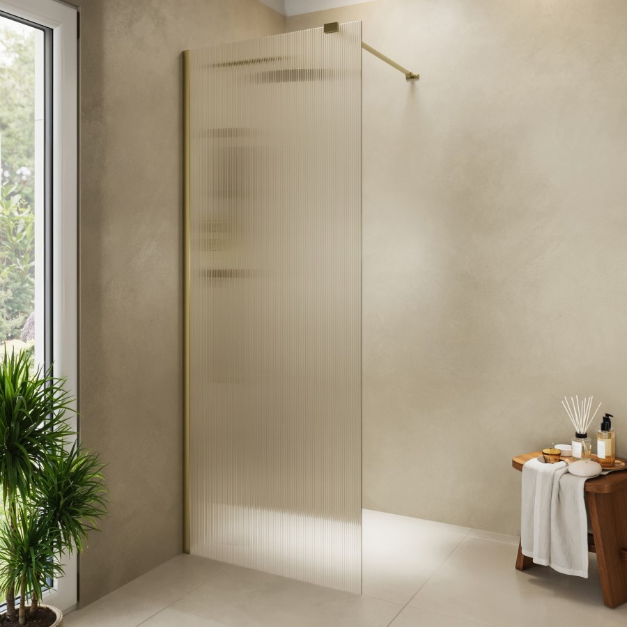 900mm Brushed Brass Ribbed / Fluted Glass Shower Screen for Wet Room & Walk In Shower - Matira