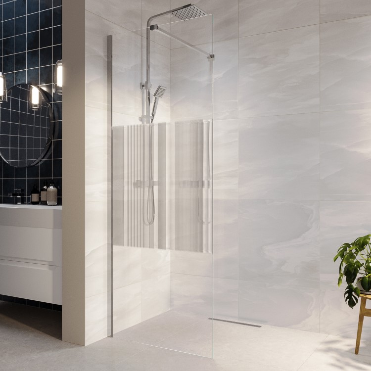 Fluted Glass 900mm Wet Room Shower Screen with Wall Support Bar - Matira