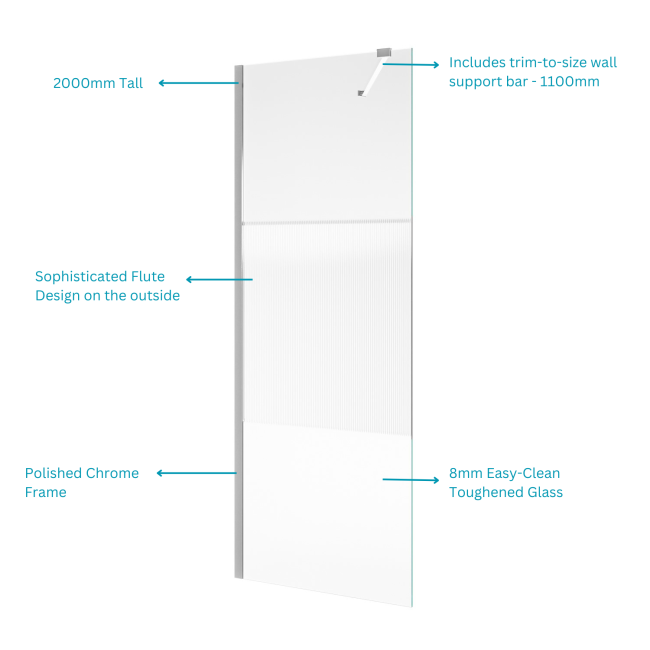 Fluted Glass 900mm Wet Room Shower Screen with Wall Support Bar - Matira