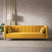 ALMOST PERFECT - Yellow Velvet Click Clack Sofa Bed - Seats 3 - Mabel ALMOST PERFECT - Yellow Velvet Click Clack Sofa Bed - Seats 3 - Mabel