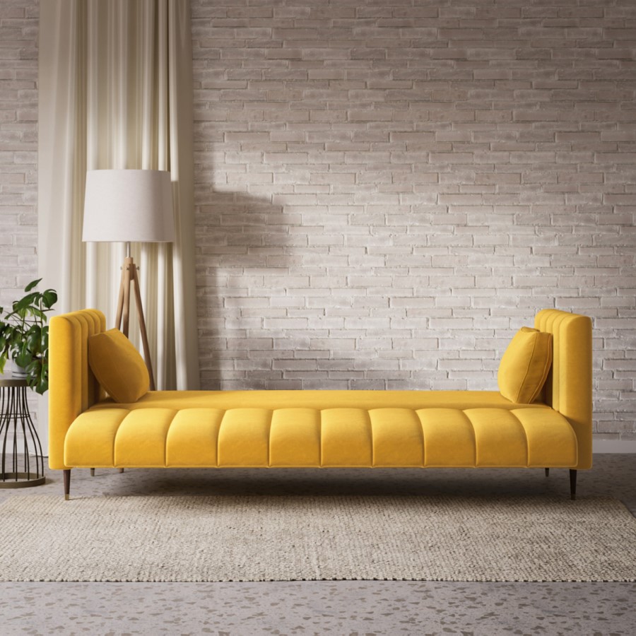 ALMOST PERFECT - Yellow Velvet Click Clack Sofa Bed - Seats 3 - Mabel