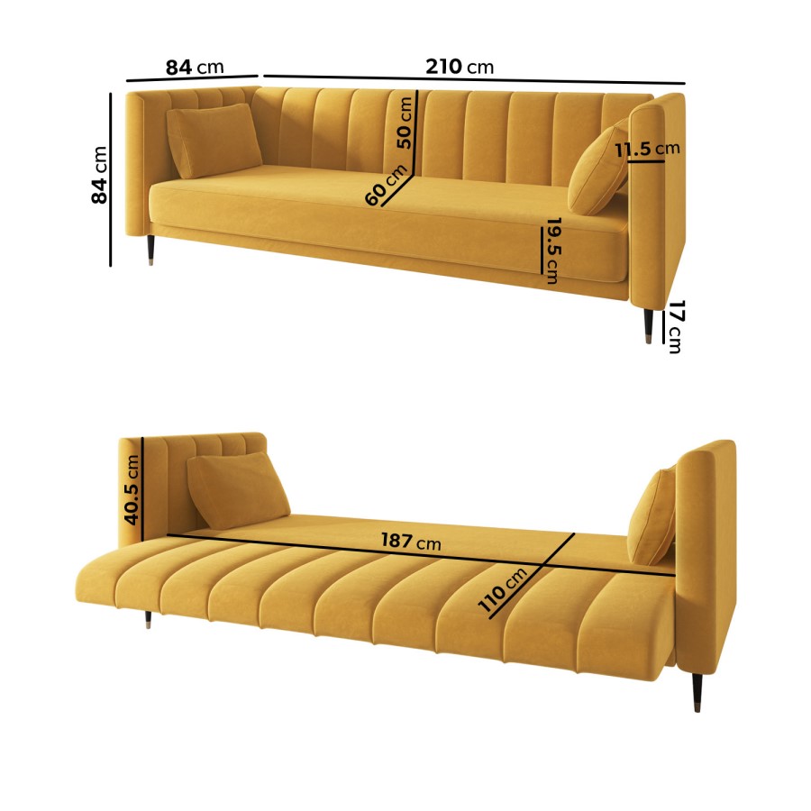 ALMOST PERFECT - Yellow Velvet Click Clack Sofa Bed - Seats 3 - Mabel