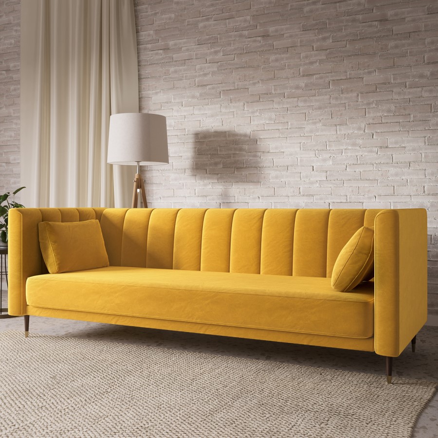 ALMOST PERFECT - Yellow Velvet Click Clack Sofa Bed - Seats 3 - Mabel