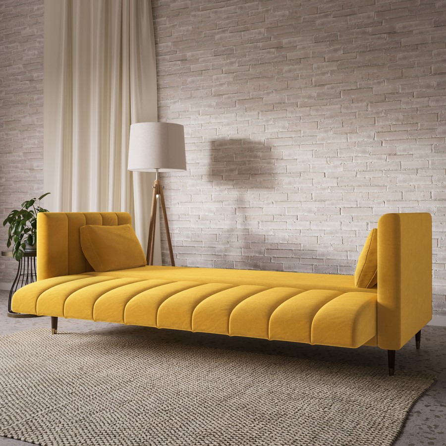 ALMOST PERFECT - Yellow Velvet Click Clack Sofa Bed - Seats 3 - Mabel