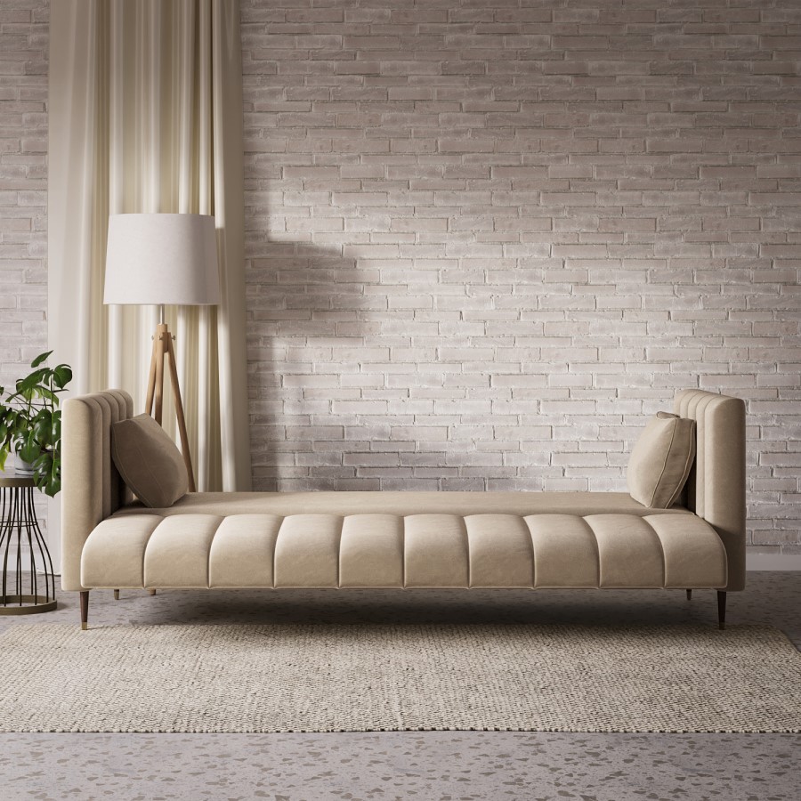 ALMOST PERFECT - Beige Velvet Click Clack Sofa Bed - Seats 3 - Mabel