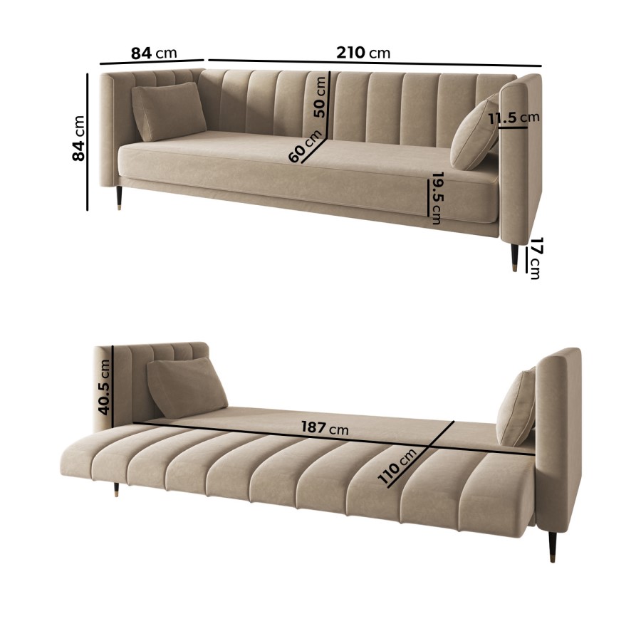 ALMOST PERFECT - Beige Velvet Click Clack Sofa Bed - Seats 3 - Mabel