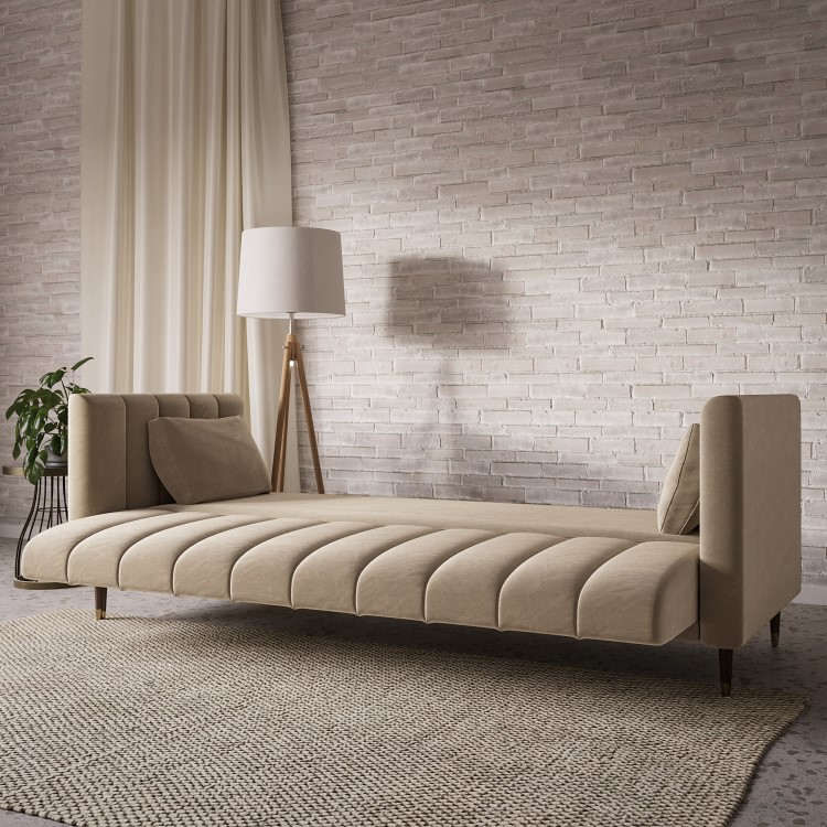 Beige Velvet Click Clack Sofa Bed - Seats 3 - Mabel