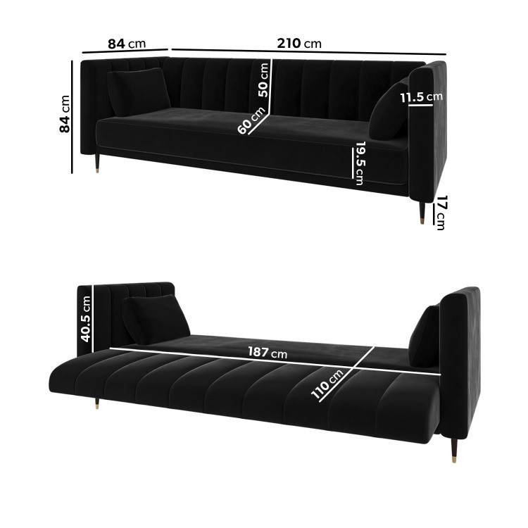 Black Velvet Click Clack Sofa Bed - Seats 3 - Mabel