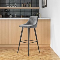 Grey Velvet Bar Stool with Back - 77cm - Macie Grey Velvet Bar Stool with Back - 77cm - Macie