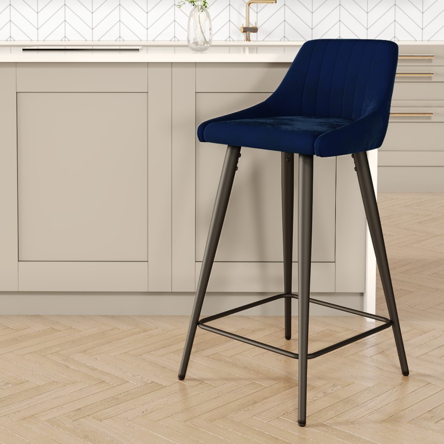 ONLY OPENED - Navy Velvet Kitchen Stool with Back - 66cm - Macie