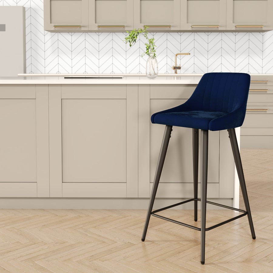 ONLY OPENED - Navy Velvet Kitchen Stool with Back - 66cm - Macie