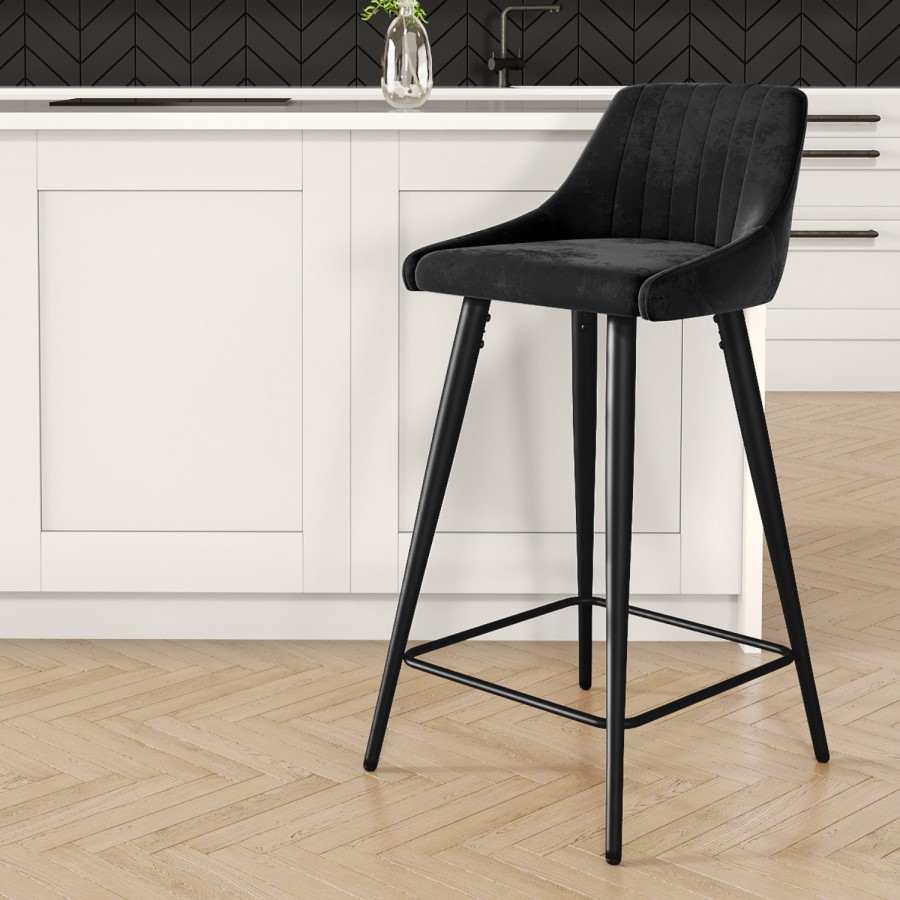 Charcoal Velvet Kitchen Stool with Back - 66cm - Macie