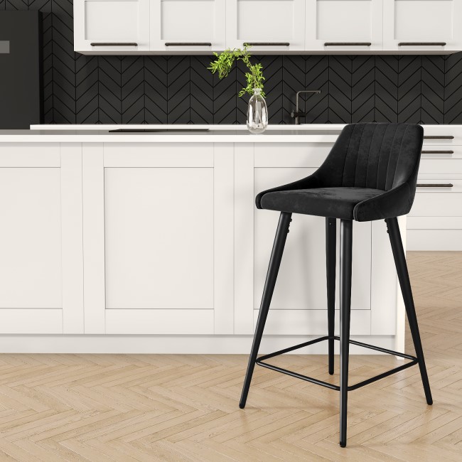 Charcoal Velvet Kitchen Stool with Back - 66cm - Macie