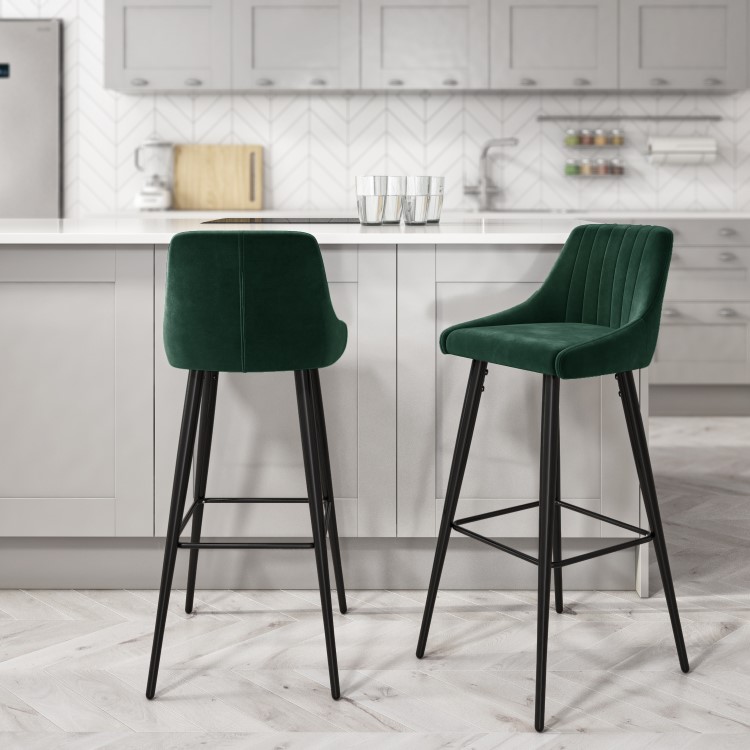 Dark Green Velvet Bar Stool with Back - 77cm - Macie