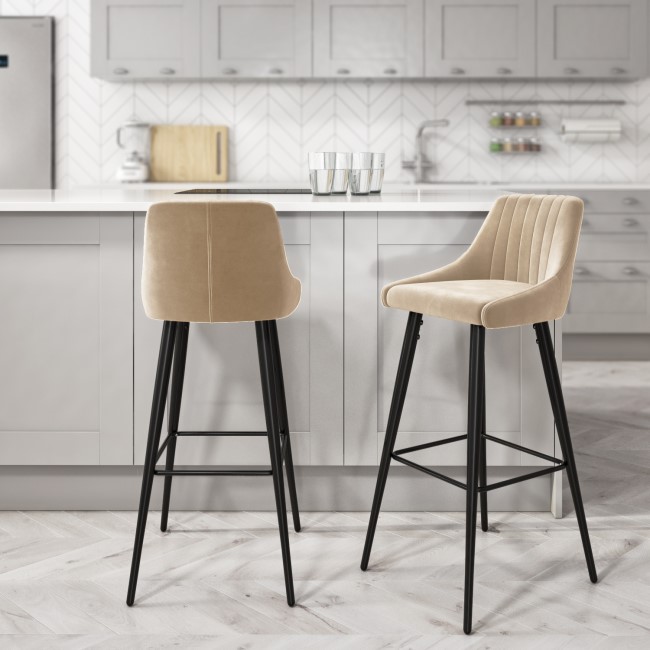 GRADE A1 - Beige Velvet Bar Stool with Back - 77cm - Macie