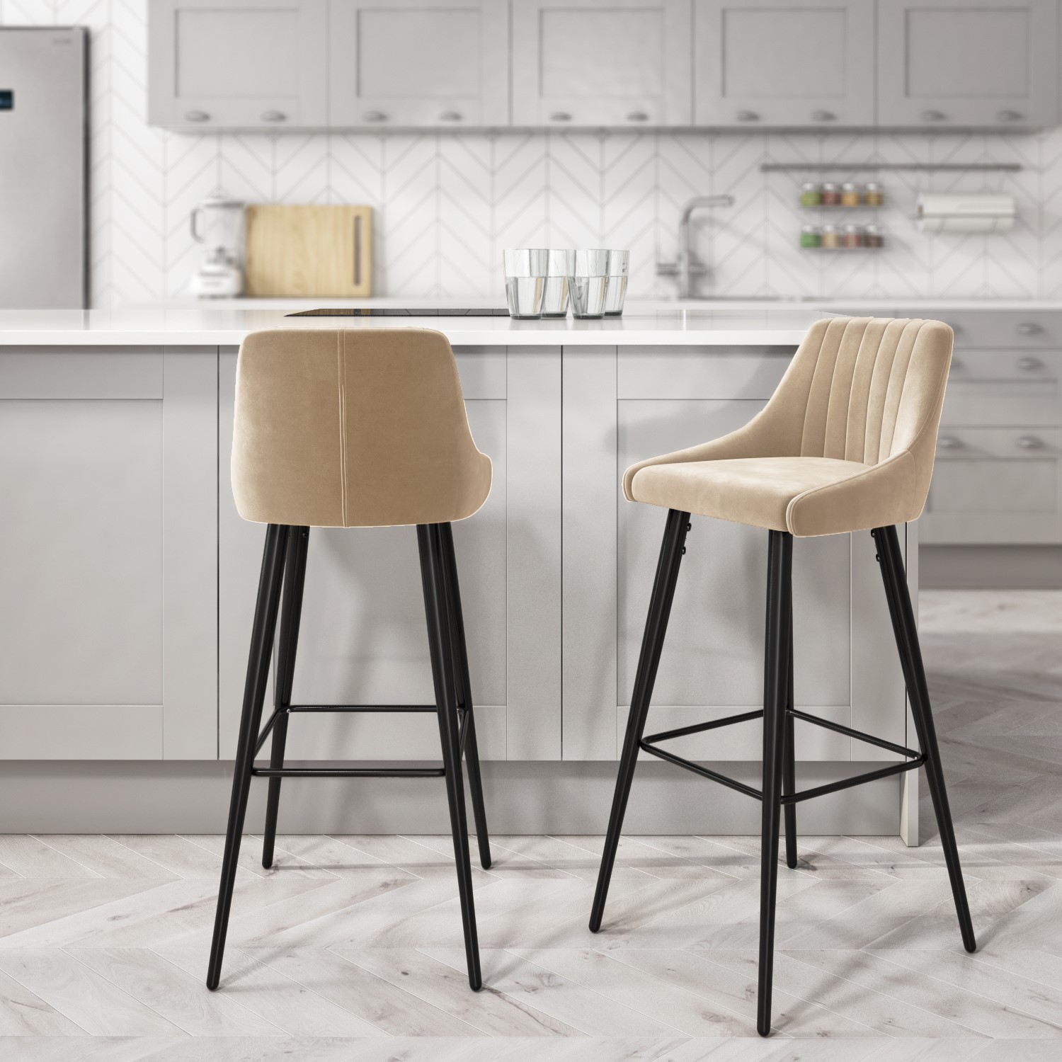 GRADE A2 - Beige Velvet Ribbed Bar Stool - Macie - Furniture123