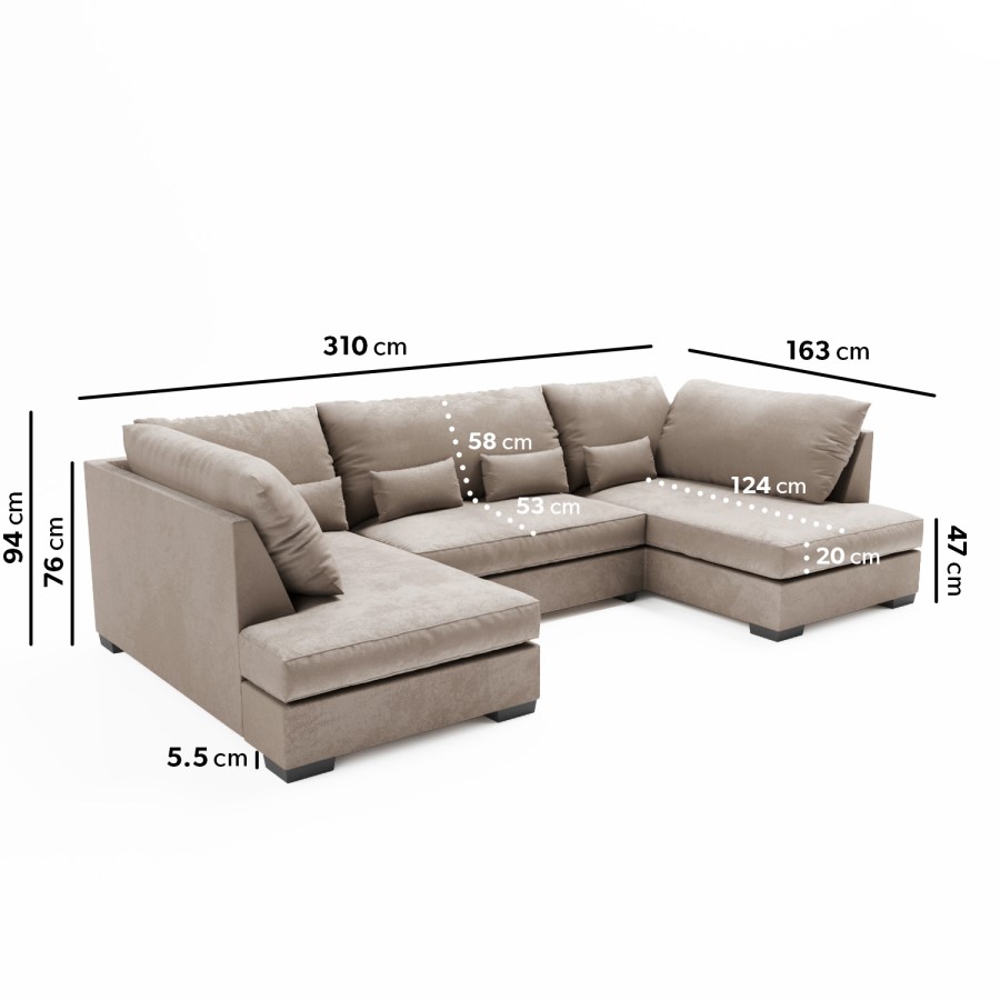 4 Seater U Shaped Sofa in Beige Woven Fabric - Madison