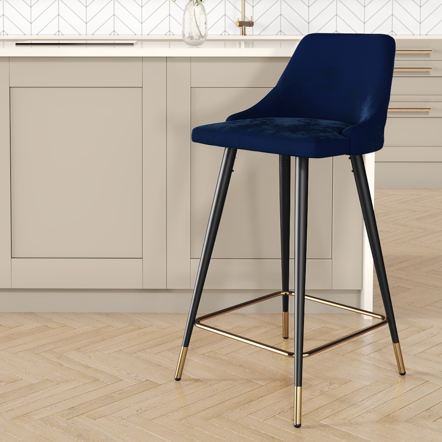 Photo of Navy blue velvet kitchen stool with back - 66cm - maddy