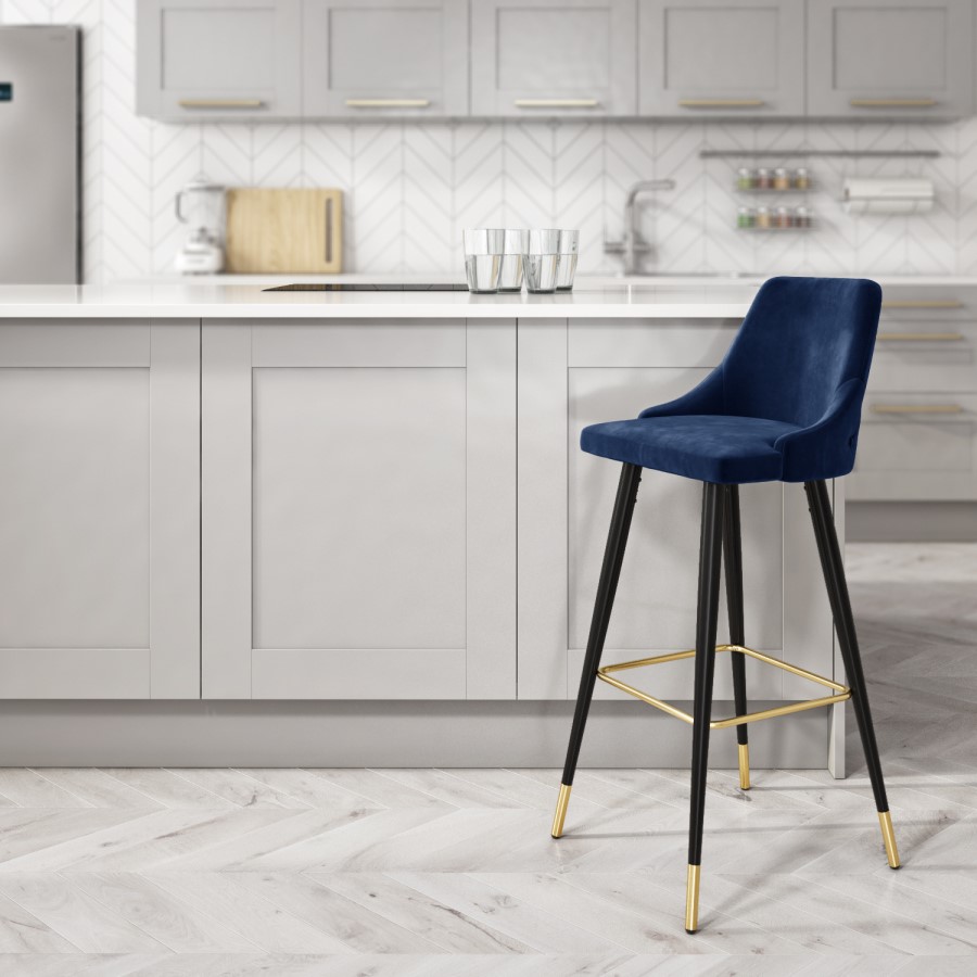GRADE A2 - Navy Blue Velvet Bar Stool with Button Back & Black Legs - Maddy