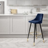 GRADE A2 - Navy Blue Velvet Bar Stool with Button Back & Black Legs - Maddy