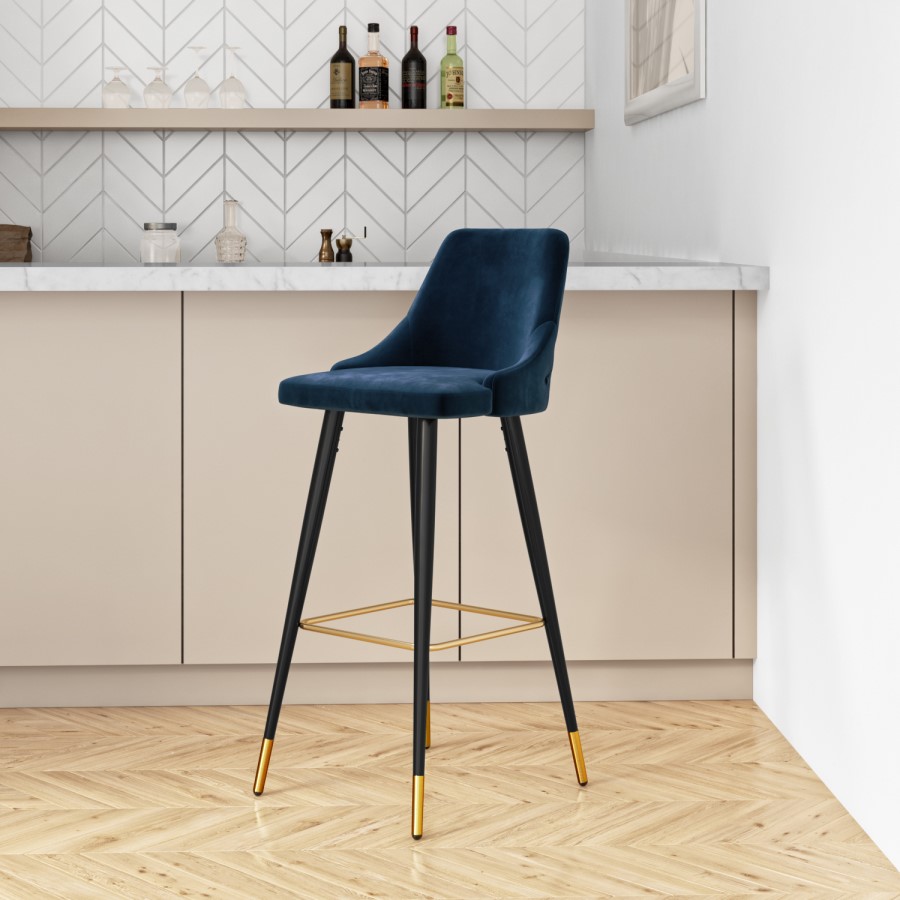 Navy Blue Velvet Bar Stool with Back - 79cm - Maddy
