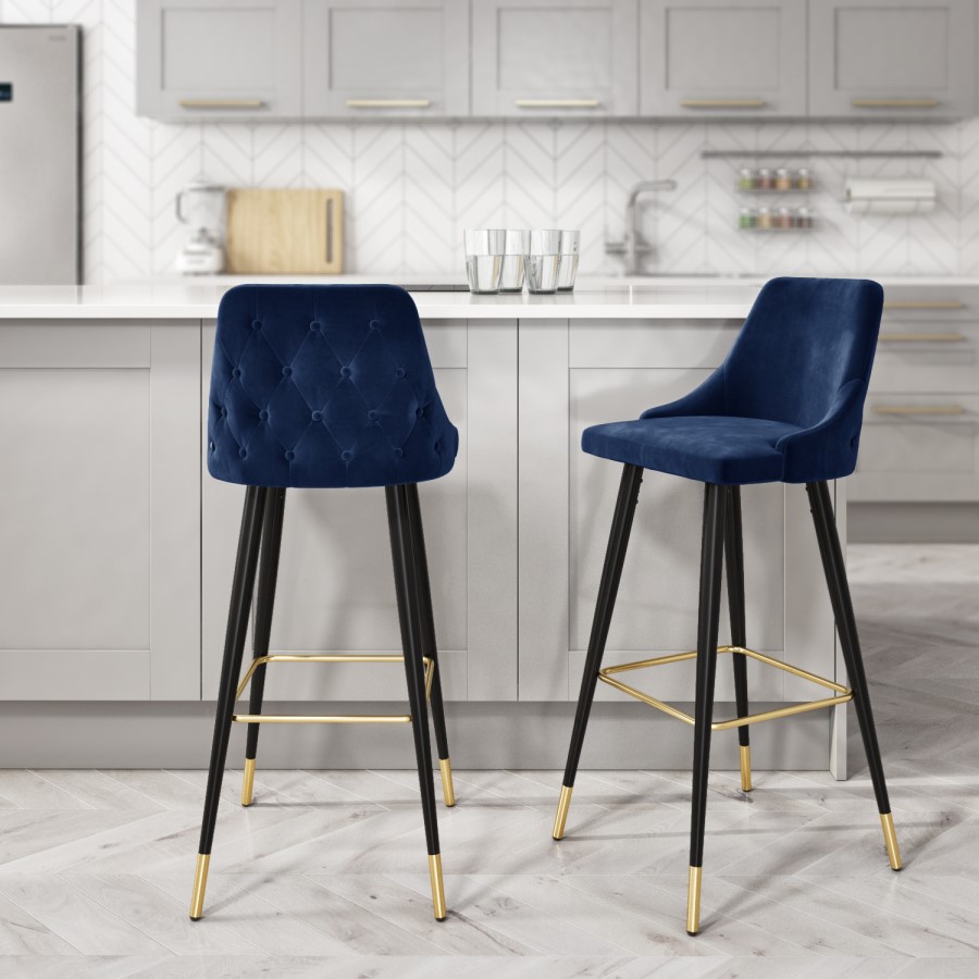 GRADE A2 - Navy Blue Velvet Bar Stool with Button Back & Black Legs - Maddy