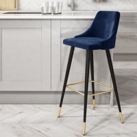 GRADE A2 - Navy Blue Velvet Bar Stool with Button Back & Black Legs - Maddy