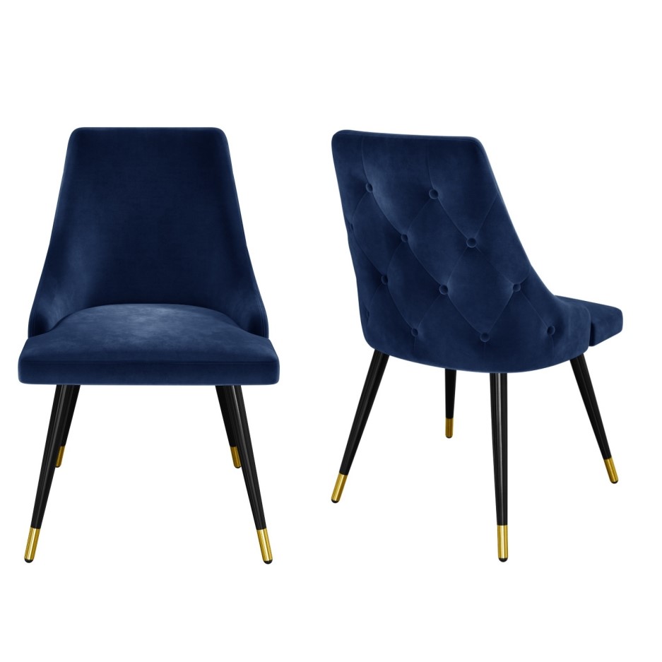 Navy Blue Velvet Dining Chairs with Button Back & Black Legs Maddy