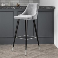 GRADE A1 - Silver Grey Velvet Bar Stool with Button Back - Maddy