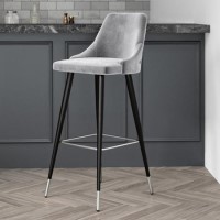 GRADE A2 - Light Grey Velvet Bar Stool with Back - 79cm - Maddy GRADE A2 - Light Grey Velvet Bar Stool with Back - 79cm - Maddy