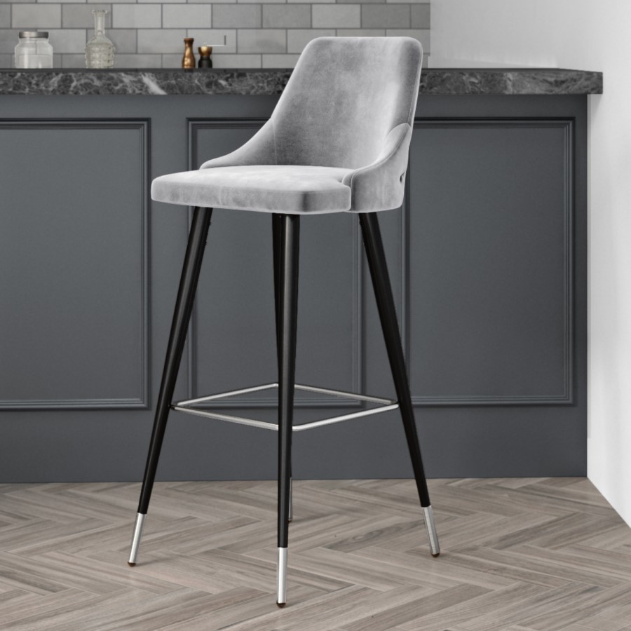 GRADE A2 - Light Grey Velvet Bar Stool with Back - 79cm - Maddy