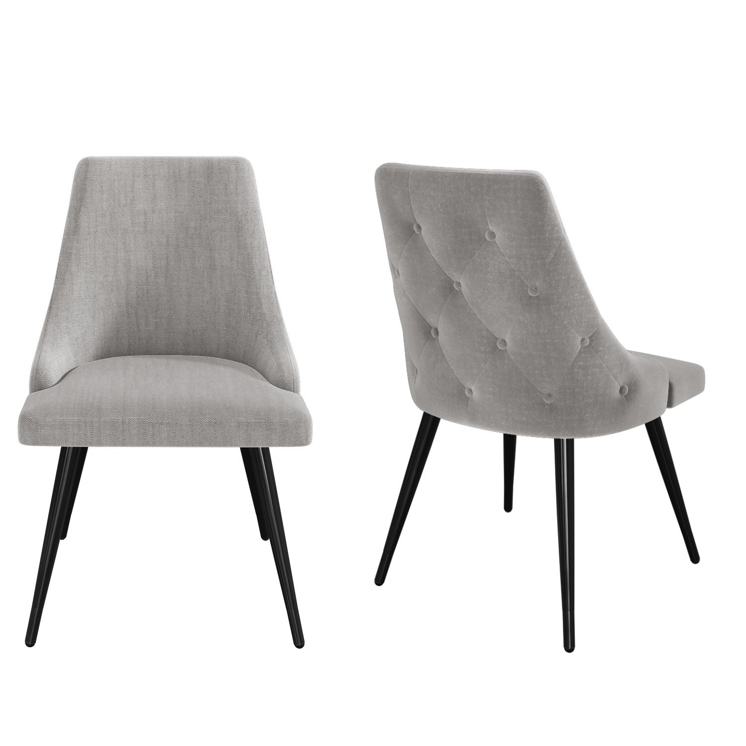 pair of light grey fabric dining chairs with buttoned back maddy