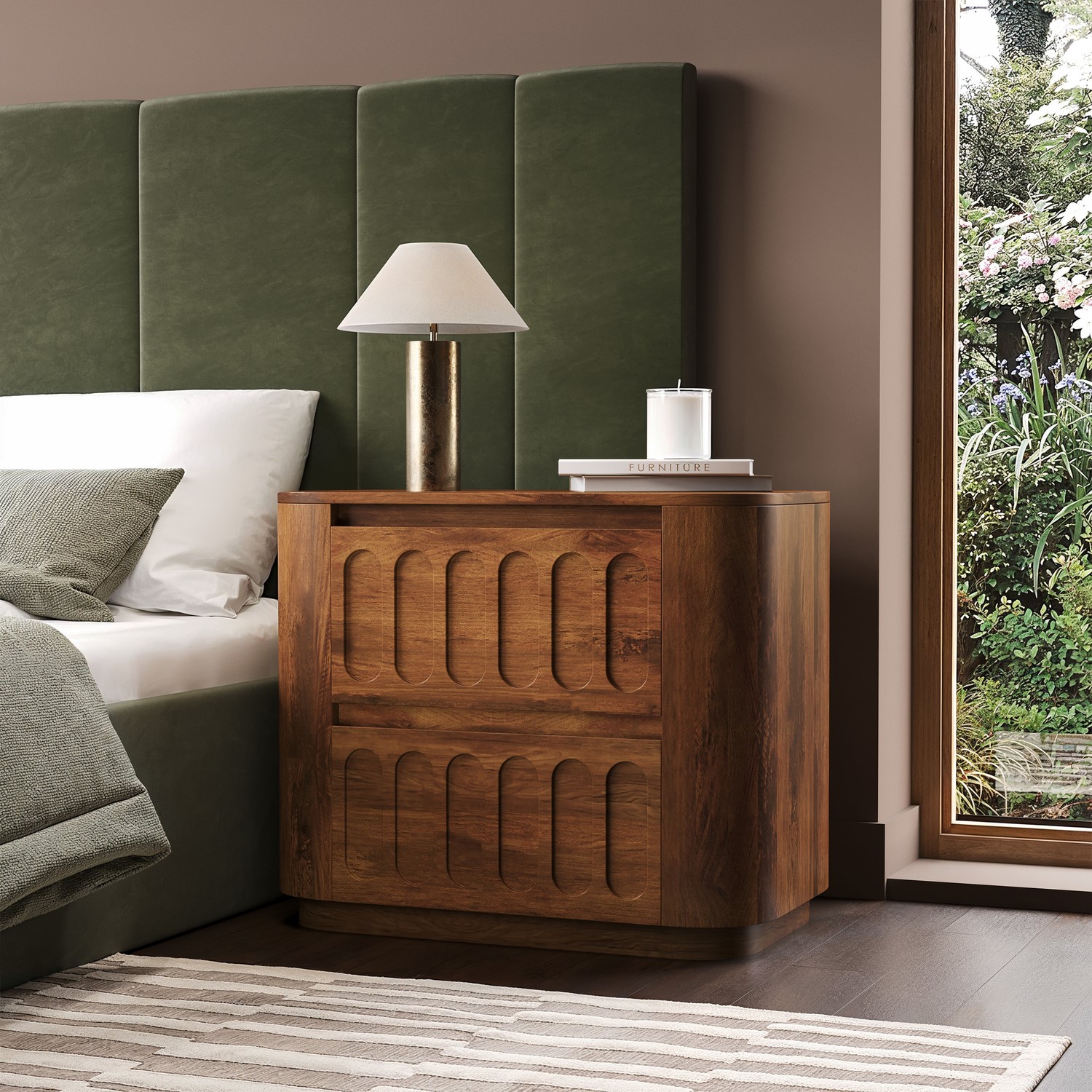 Wide Dark Wood Curved 2 Drawer Bedside Table Fully Assembled